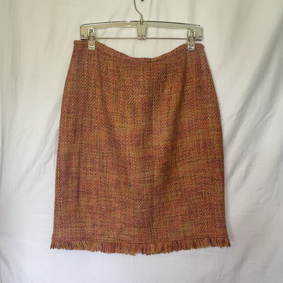 British Khaki Orange Purple Lime Tweed Lined Knee Length Pencil Skirt Size 12 - Picture 1 of 13